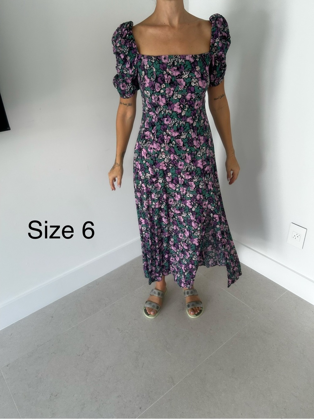 Floral Puff Sleeve Midi Dress - Purple/Green